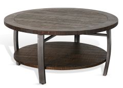 Mahogany Wood Homestead Round Coffee Table in Rough Sawn Tobacco Finish