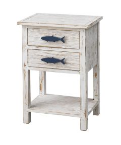 Two Drawer Accent Table with Shark Handles in Distressed White Finish
