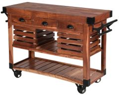 Acacia Wood Three Drawer Two Door Kitchen Island Trolley
