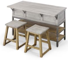 Solid Mango Wood Kitchen Island & Stool Set in White & Natural