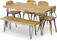 Solid Acacia Wood Nature's Edge 60" Dining Table, Bench & Chair Set