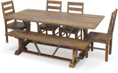 Solid Sheesham Wood Rough Sawn Trestle Table, Bench and Chair Set