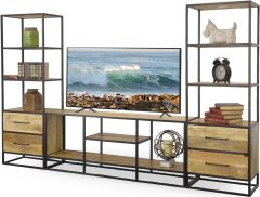 Solid Mango Wood & Iron Delancy Open Console & Bookcase Wall Unit Set