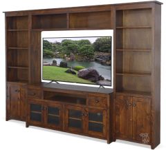 California Made Knotty Rustic Alder Wood 113" Media Bookcase Wall Unit in Rustic Coffee Finish