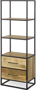 Solid Mango Wood & Iron Delancy Two Drawer Open Bookcase