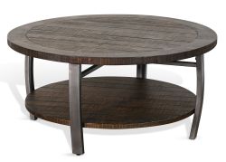 Mahogany Wood Homestead Round Coffee Table in Rough Sawn Tobacco Finish