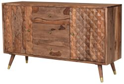 Solid Sheesham Wood Three Drawer Two Door Credenza in Luxury Brown Finish