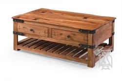 Solid Parota Wood 4 Drawer Cocktail Table With Wheels in Natural Finish