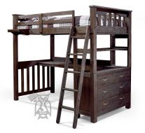 Solid Pine Wood Highlands Twin Loft Bed Desk & Floating Tray in Espresso Finish