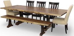 Amish Crafted Solid Rustic Walnut Wood Live Edge Extension Table, Bench & Chair Set 