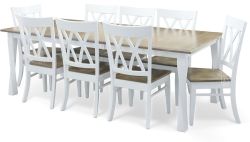 Amish Crafted Solid Maple Wood 90" Long Extension Leg Table & Chair Set in Sandstone & White Finish