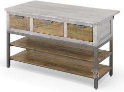 Solid Mango Wood Kitchen Island with Storage in White & Natural