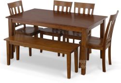 Solid Parawood Simplicity Rectangle Kitchen Table, Chairs and Bench Set in Caramel Finish