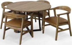 Solid Mango Wood Round Table with Iron Base & Arm Chair Set