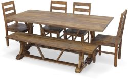 Solid Sheesham Wood Rough Sawn Trestle Table, Bench and Chair Set