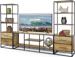 Solid Mango Wood & Iron Delancy Open Console & Bookcase Wall Unit Set