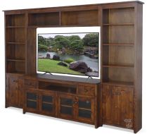 California Made Knotty Rustic Alder Wood 113" Media Bookcase Wall Unit in Rustic Coffee Finish