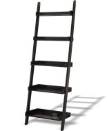Solid Parawood Wood Leaning Ladder Shelving in Black Finish