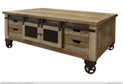Pine Wood Antique Storage Coffee Table with Sliding Doors and Wheels
